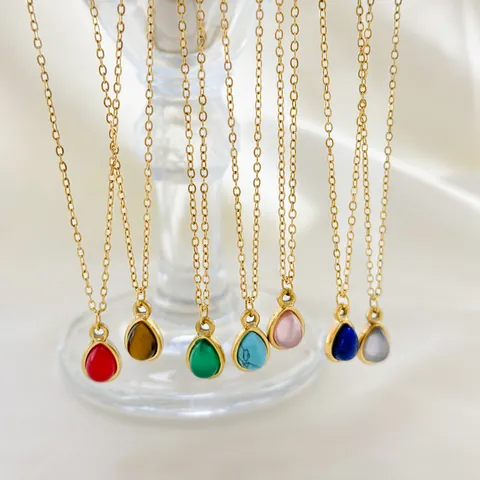 French Ins Style 18K PVD Gold Plated Stainless Steel Natural Stone Teardrop Pendant Necklace For Women Minimalist Jewelry