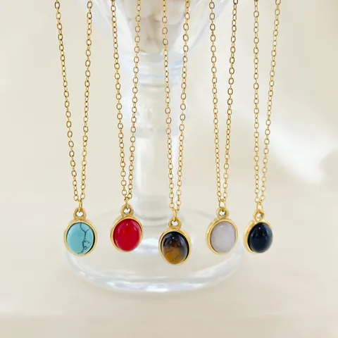 Retro 18K PVD Gold Plated 304 Stainless Steel Oval Natural Stone Pendant Necklace For Women Waterproof Daily Fashion Jewelry