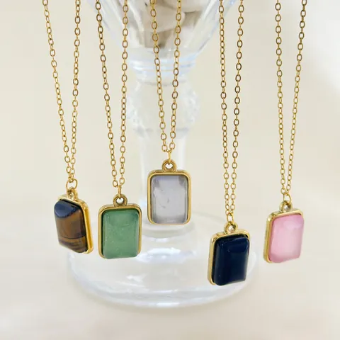 French Minimalist 304 Stainless Steel 18K PVD Gold Plated Geometric Square Pendant Necklace Natural Stone Jewelry For Women