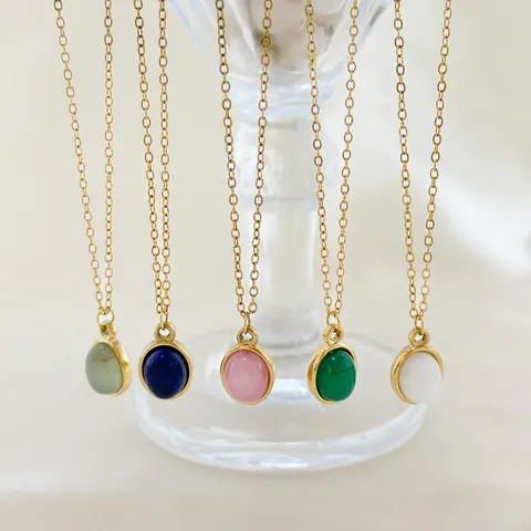 Retro 18K PVD Gold Plated 304 Stainless Steel Oval Natural Stone Pendant Necklace For Women Waterproof Daily Fashion Jewelry