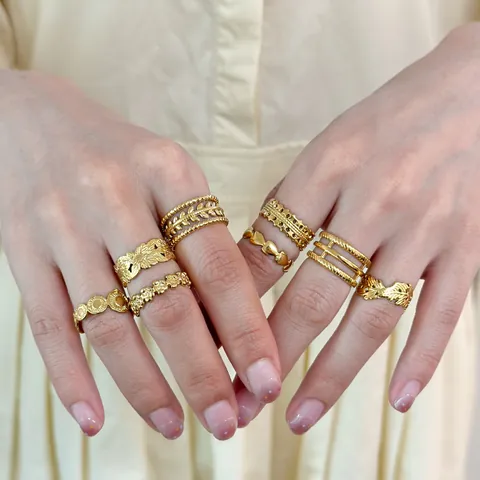 18K Gold Plated 304 Stainless Steel Open Rings For Women Vintage Bohemian Leaf Heart Sun Pattern Adjustable Fashion Jewelry Finger Rings