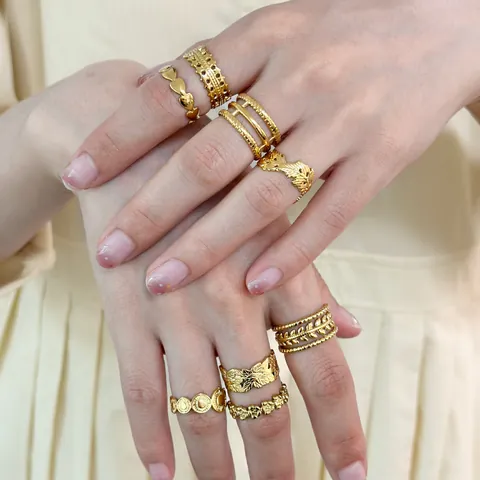 18K Gold Plated 304 Stainless Steel Open Rings For Women Vintage Bohemian Leaf Heart Sun Pattern Adjustable Fashion Jewelry Finger Rings