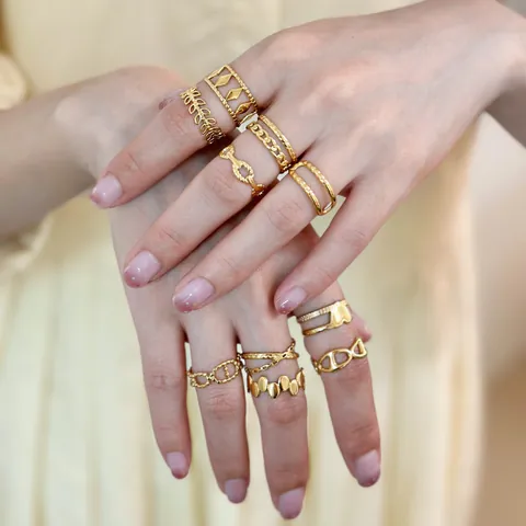 18K Gold Plated 304 Stainless Steel Open Rings For Women Vintage Geometric Heart Leaf Hollow Adjustable Finger Jewelry