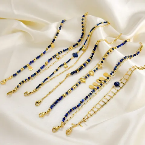 French Style Lapis Lazuli Stainless Steel Double Layer Bracelet For Women 18K Gold PVD Plated Natural Stone Chain Bracelet
