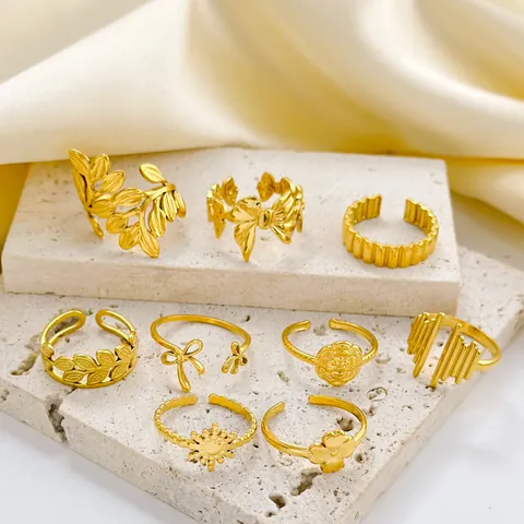 Women Vintage 18K Gold Plated Stainless Steel Open Rings Adjustable Flower Leaf Bow Sun Geometric Jewelry Finger Ring Gift