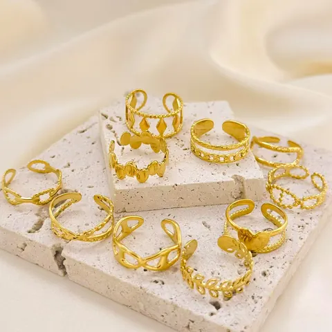 18K Gold Plated 304 Stainless Steel Open Rings For Women Vintage Geometric Heart Leaf Hollow Adjustable Finger Jewelry
