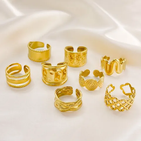 18K PVD Gold Plated 304 Stainless Steel Open Ring For Women Minimalist Geometric Textured Adjustable Finger Ring Jewelry