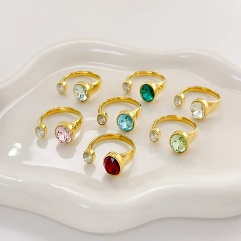 Bague Ouverte en Acier Inoxydable 304 Plaqué Or 18K PVD pour Femmes Vintage Géométrique Ovale avec Zirconium Incrusté Réglable