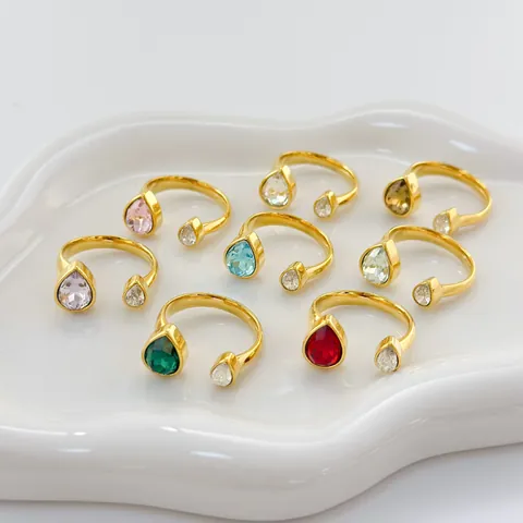 18K Gold Plated 304 Stainless Steel Water Drop Open Ring For Women Adjustable Teardrop Zirconia Ring Elegant Fashion Jewelry