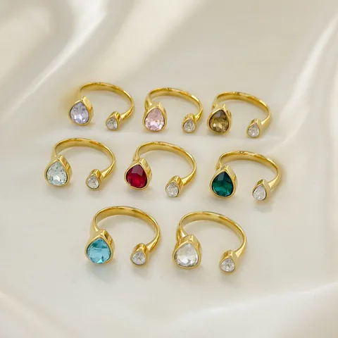 18K Gold Plated 304 Stainless Steel Water Drop Open Ring For Women Adjustable Teardrop Zirconia Ring Elegant Fashion Jewelry