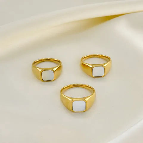 Anello Sigillo Quadrato in Acciaio Inossidabile 304 Placcato Oro 18K Per Donna Intarsio in Madreperla Impermeabile Gioielli Geometrici Minimalisti