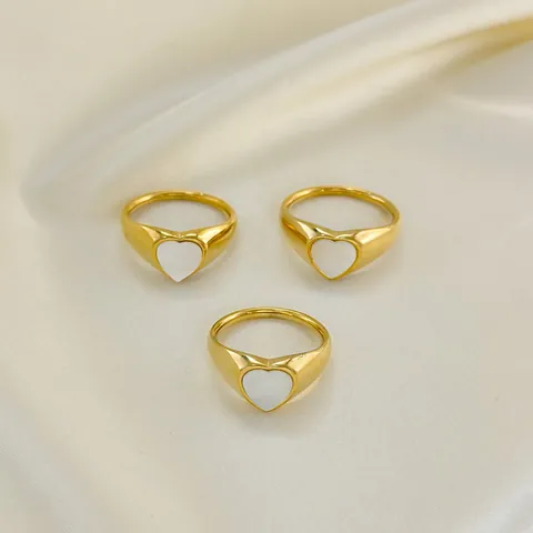 304 Stainless Steel 18K PVD Gold Plated Heart Signet Ring With White Mother Of Artificial Pearl Minimalist Fashion Jewelry For Women