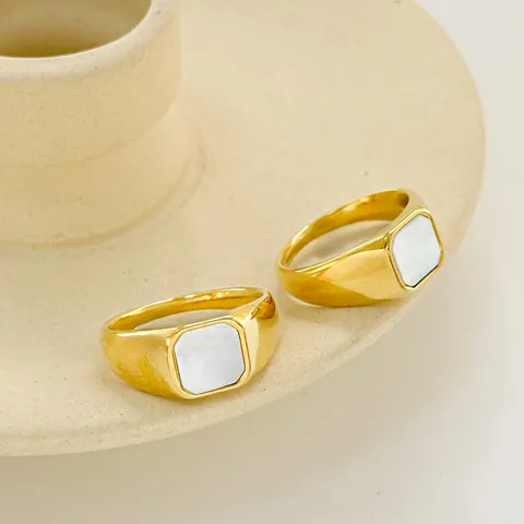 Anello Sigillo Quadrato in Acciaio Inossidabile 304 Placcato Oro 18K Per Donna Intarsio in Madreperla Impermeabile Gioielli Geometrici Minimalisti