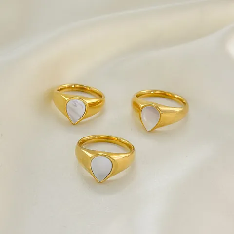 18K PVD Gold Plated 304 Stainless Steel Water Drop Signet Ring For Women Mother Of Pearl Shell Inlay Minimalist Jewelry