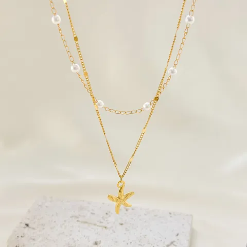Women Fashion 304 Stainless Steel Double Layer Necklace 18K PVD Gold Plated Starfish Pendant Faux Pearl Beach Jewelry Gift