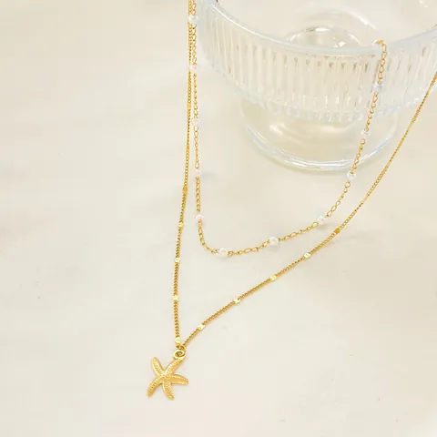 Women Fashion 304 Stainless Steel Double Layer Necklace 18K PVD Gold Plated Starfish Pendant Faux Pearl Beach Jewelry Gift