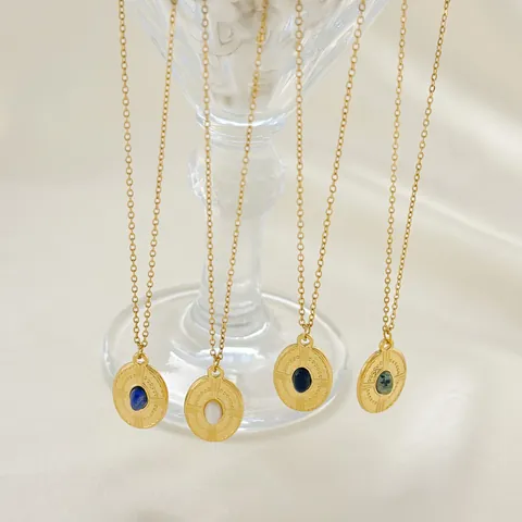French Vintage 18K PVD Gold Plated 304 Stainless Steel Oval Pendant Necklace With Colorful Stone For Women Jewelry