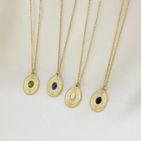 French Vintage 18K PVD Gold Plated 304 Stainless Steel Oval Pendant Necklace With Colorful Stone For Women Jewelry