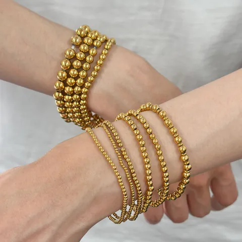 Minimalist 18K Gold Plated 304 Stainless Steel Beaded Bracelet For Women Elastic Rope Round Ball Bead Stacking Bangle Jewelry