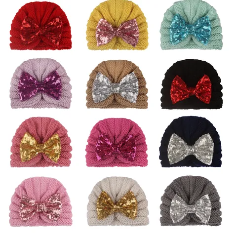 Newborn Baby Knitted Turban Hat With Large Sequin Bow Infant Toddler Warm Soft Beanie Cap Cute Headwrap For Girl Boys