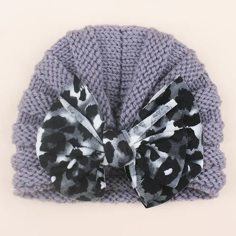 Baby Knit Turban Hat With Large Leopard Print Bow Warm Soft Crochet Beanie Headwear For Newborn Infant Toddler Winter Elastic Cap