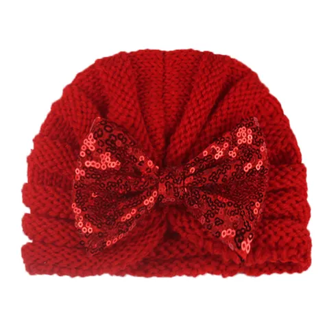 Baby Turban Mütze Mit Großer Pailletten Schleife Weiche Strickmütze Für Neugeborene Kleinkinder Warme Winter Kopfbedeckung