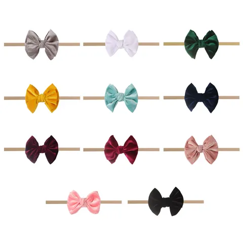 Baby Velvet Bow Hairband Stretch Nylon Headband For Infant Toddler Newborn Soft Hair Accessories Solid Bowknot Headwraps Multi Color Option
