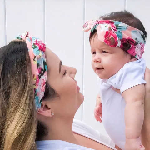 Women Baby Matching Floral Print Rabbit Ear Hairbands Polyester Soft Knotted Bow Headbands For Kids Toddler Infants Hair Accessories