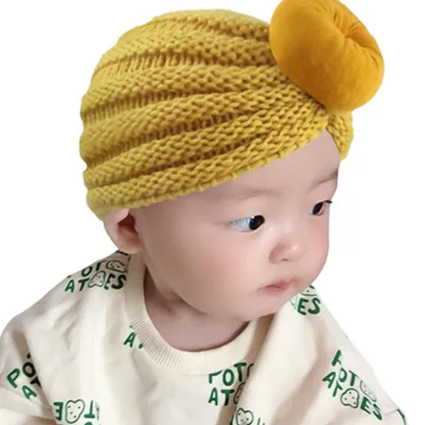 Baby Knitted Turban Hat With Donut Knot Infant Toddler Soft Solid Color Pullover Beanie Bohemian Headwrap Winter Warm Hat