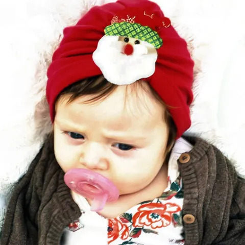 Baby Christmas Turban Hat Santa Claus Reindeer Pattern Elastic Soft Knit Cap Festive Headwear For Infants Toddlers Holiday Accessory