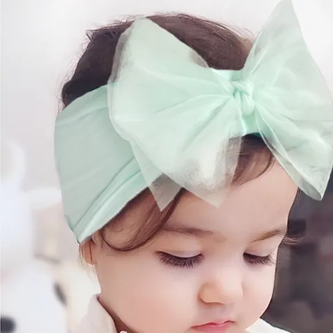 Baby Girls Elastic Nylon Headband With Big Tulle Mesh Bow Soft Solid Color Hair Band For Infants Newborns Toddlers