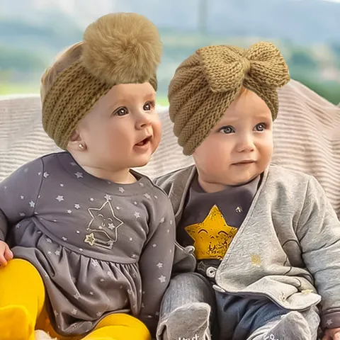 Set di Cappello a Turbante e Fascia in Maglia Calda Invernale per Neonati Con Fiocco e Pompon Berretto a Pullover all'Uncinetto