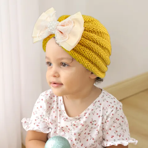 Baby Mädchen Strick Turban Mütze Große Schleife Mit Künstliche Perlen Spitze Warm Winter Beanie Säugling Kleinkind Pullover Hut