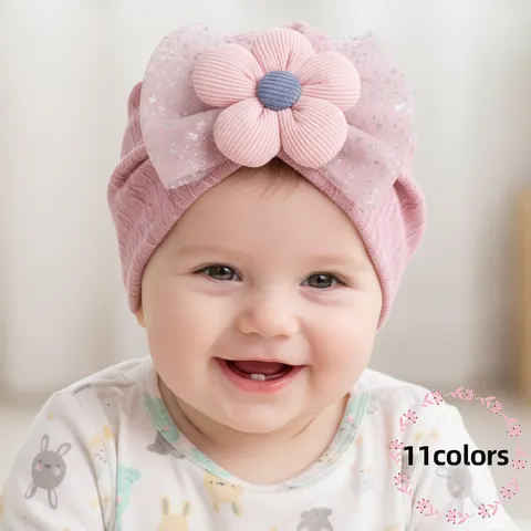Baby Turban Hat With 3D Flower And Mesh Bow Soft Polyester Spandex Toddler Beanie Photography Props Newborn Infant Headwrap