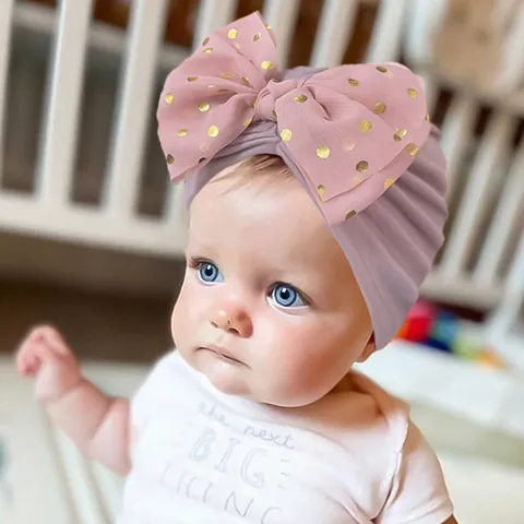 Baby Girls Turban Hat Large Gold Polka Dot Bow Knot Beanie Soft Elastic Headwrap Toddler Infant Headwear Accessories