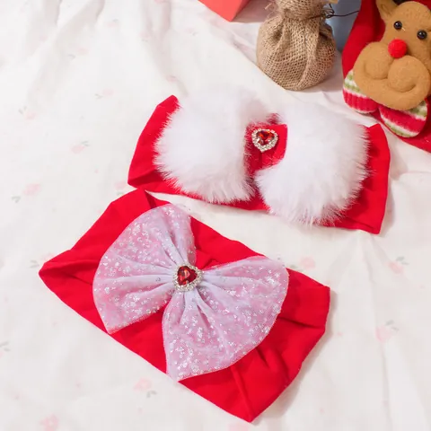Christmas Baby Headband Red Elastic Nylon Bow Hairband With White Faux Fur Pompom Heart Rhinestone Festive Mesh Sequin Headwrap For Infants Toddlers Hair Accessories