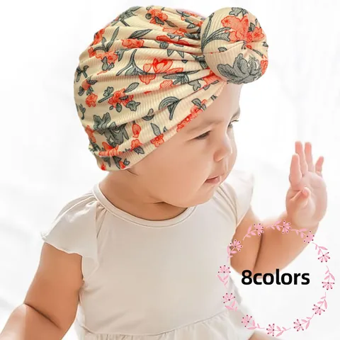 Baby Tulband Hoed Met Bloemenprint Geribbeld Zacht Rekbaar Donut Knoop Infant Headwrap Indiase Stijl Mutsen Voor Pasgeboren Peuter Meisjes Hoofddeksels