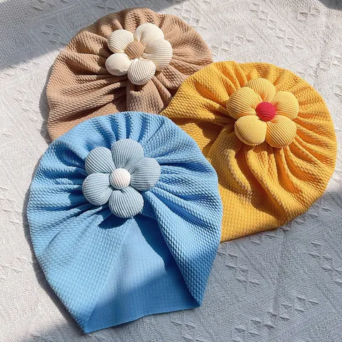 Cappello Turban per Neonati Fiore 3D Trama a Nido d'Ape Berretto Morbido Copricapo per Foto di Neonati Accessori Carini