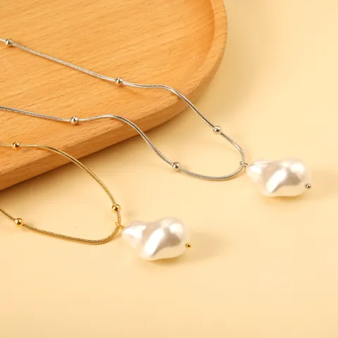 Stainless Steel Artificial Baroque Pearl Pendant Necklace Gold Silver Plated Snake Chain Metal Beads Minimalist Jewelry For Women