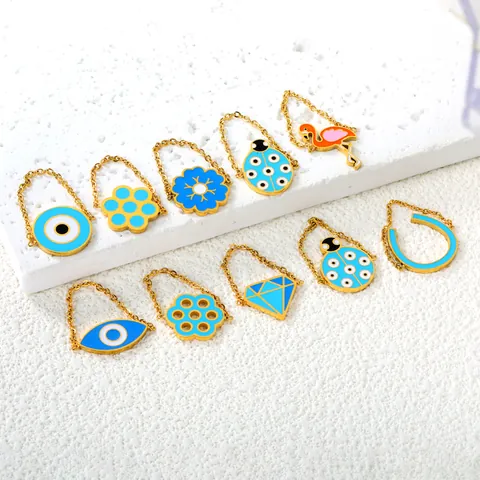 Fashion Stainless Steel Soft Chain Ring Enamel Blue Evil Eye Floral Flamingo Ladybug Horseshoe Adjustable Ring For Women Jewelry