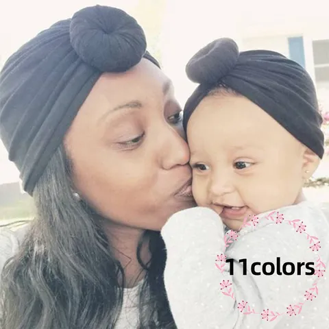 Eltern Und Baby Turban Hut Donut Knoten Gestreifter Elastischer Polyester Beanie Für Damen Und Kleinkinder Mode