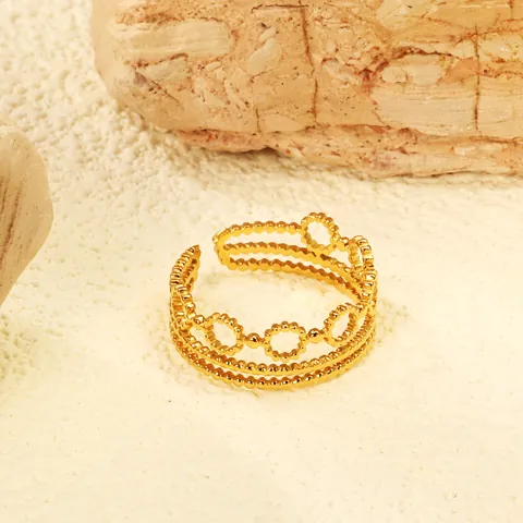 Bague Ouverte en Acier Inoxydable Plaqué Or 18K pour Femme Géométrique Réglable Texture de Chaîne Bijoux Minimalistes Inaltérables