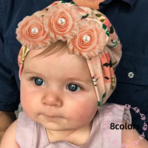 Turbante Floreale per Neonati Con Fiori 3D e Perle Morbido Berretto Traspirante per Neonati per Servizi Fotografici Uso Quotidiano