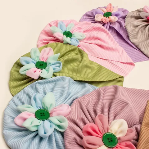 Baby Girl Turban Hat Ribbed Knit Soft Elastic Headwrap With Handmade Fabric Flower For Newborn Toddler Daily Headwear