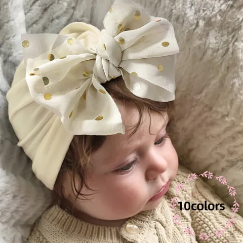 Infant Turban Hat With Large Gold Polka Dot Bow Soft Polyester Spandex Baby Head Wrap Cap Decorative Newborn India Hat