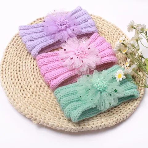Baby Gestricktes Stirnband Winter Warm Kleinkind Haarband Große Netzblume Pailletten Haarschmuck Für Kinder Mädchen Foto Requisiten