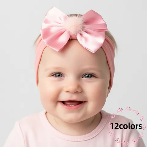 Elastische Nylon Baby Hoofdband Zachte Grote Satijnen Strik Met Pompon Haaraccessoires Voor Peuter Meisjes Dagelijks Feest