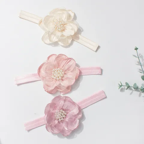 Fascia Elastica per Neonata con Fiore in Rete Chiffon e Perla Artificial d'Imitazione Fascia Floreale per Fotografia Accessori per Capelli