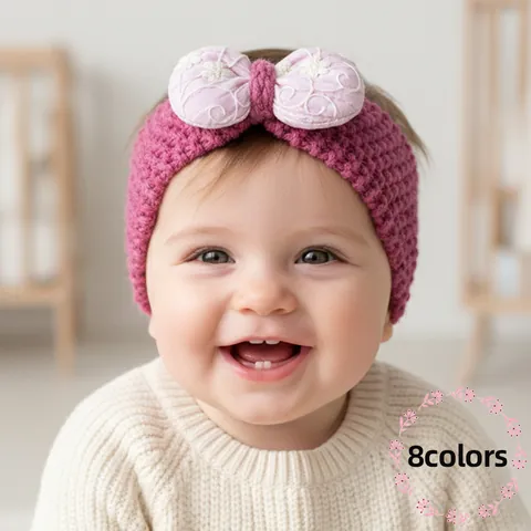 Baby Knitted Headband With Embroidered Bow Floral Pattern Warm Winter Ear Warmer Hair Band For Newborn Toddler Girls Headwear