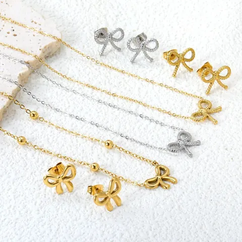 French Vintage Stainless Steel Bowknot Jewelry Set Gold Silver Plated Heart Butterfly Necklace Earrings Set For Women Gift